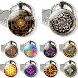 Fashion Sri Yantra Mandala Pattern Glass Jewelry Dome Keychain Buddhist  Pendant Silver Key Chain Handmade Women Indian Gift