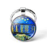 Van Gogh Art Oil Keychain Men Women Fashion Silver Glass Convex Keyring Starry Night Jewelry Sunflower Fashion Pendant Gift