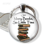 Books and Library Keychain " So Many Books, So Little Time " Quotes Glass Cabochon Pendant Women Fashion Jewelry Gift for Friend