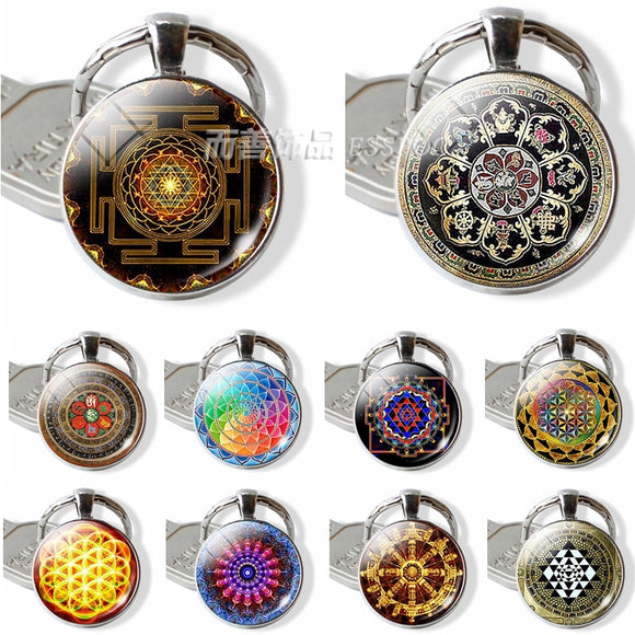 Fashion Sri Yantra Mandala Pattern Glass Jewelry Dome Keychain Buddhist  Pendant Silver Key Chain Handmade Women Indian Gift