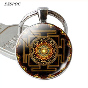 Fashion Sri Yantra Mandala Pattern Glass Jewelry Dome Keychain Buddhist  Pendant Silver Key Chain Handmade Women Indian Gift