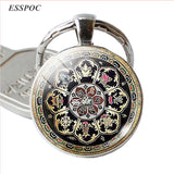 Fashion Sri Yantra Mandala Pattern Glass Jewelry Dome Keychain Buddhist  Pendant Silver Key Chain Handmade Women Indian Gift