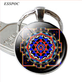 Fashion Sri Yantra Mandala Pattern Glass Jewelry Dome Keychain Buddhist  Pendant Silver Key Chain Handmade Women Indian Gift