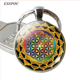 Fashion Sri Yantra Mandala Pattern Glass Jewelry Dome Keychain Buddhist  Pendant Silver Key Chain Handmade Women Indian Gift