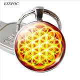 Fashion Sri Yantra Mandala Pattern Glass Jewelry Dome Keychain Buddhist  Pendant Silver Key Chain Handmade Women Indian Gift