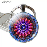 Fashion Sri Yantra Mandala Pattern Glass Jewelry Dome Keychain Buddhist  Pendant Silver Key Chain Handmade Women Indian Gift