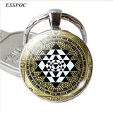 Fashion Sri Yantra Mandala Pattern Glass Jewelry Dome Keychain Buddhist  Pendant Silver Key Chain Handmade Women Indian Gift