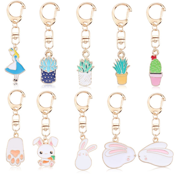Cute Cartoon Rabbit Paw Keychains For Women Girls Lovely Potted Plant Cactus Alice Girl Key Ring Children Gift Bag Anime Pendant