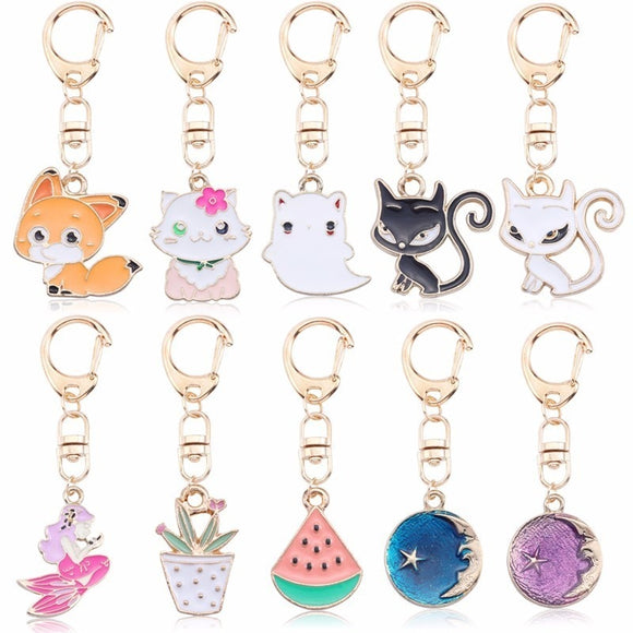 Anime Cartoon Cat Key Chains For Girl Women Cute Fox Mermaid Watermelon Pendants Key Ring Bag Pendant Lovely Jewelry Child Gifts