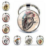 Anatomical Heart Key Chain Silver Key Chain Glass Metal Keychain Keyring Heartbeat Sign Pendant Biologist Doctors Gifts