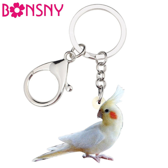 Bonsny Acrylic Cockatiel Parrot Bird Key Chain Keychain Rings Fashion Animal Jewelry For Women Girl Bag Pendant Gift Decoration