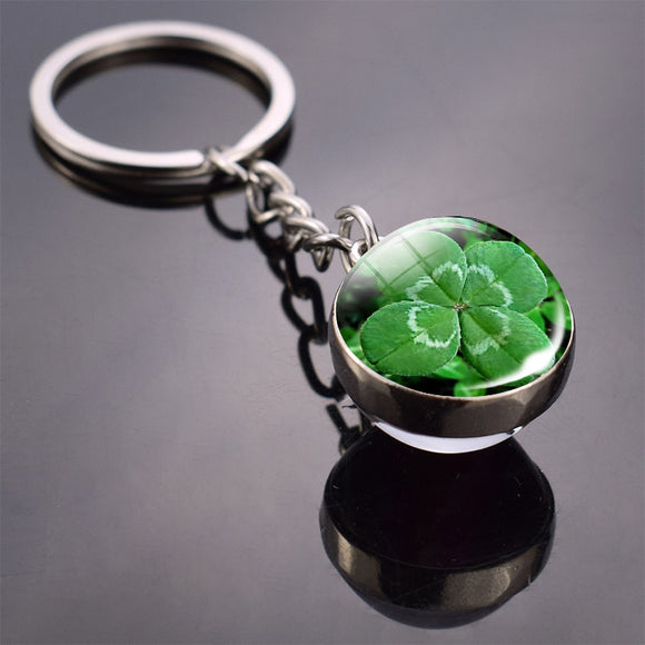 Clover Keychain Four Leaf Clover Glass Ball Key Chain Double Side Cabochon Glass Pendant Metal Keyring Clover Lucky Jewelry Gift