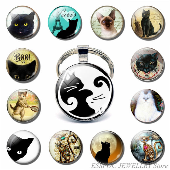 Vintage Two Yin Yang Cats Pendant  Key Chain Metal Key Ring Cabochon Keychain for Fashion Women Men