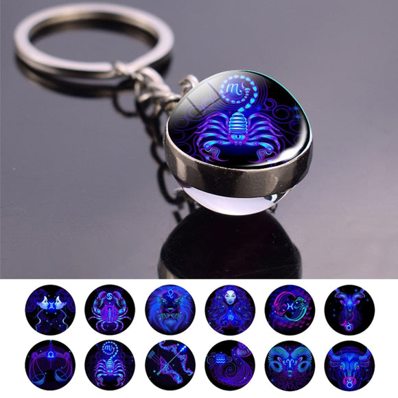 Double Side Glass Ball 12 Zodiac Signs Keychain Metal Key Chain Holder Couples Keychain Gifts Constellation Jewelry Accessories