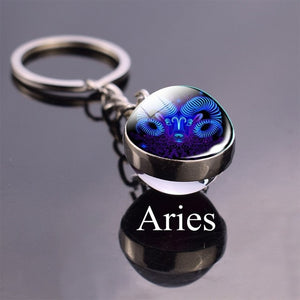 Double Side Glass Ball 12 Zodiac Signs Keychain Metal Key Chain Holder Couples Keychain Gifts Constellation Jewelry Accessories