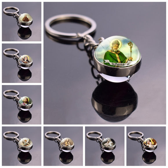 St Patrick St Michael Glass Ball Keychain Keyring Saint Angel Protection Key Chain Ring Religious Jewelry Christian Gifts