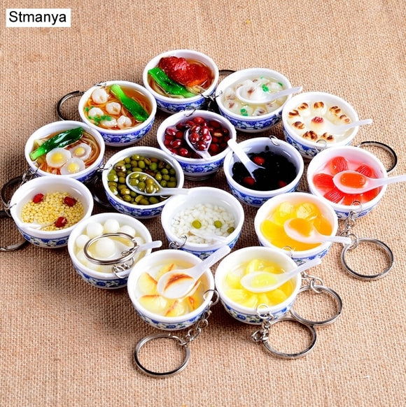 New Simulation Food Key Chains noodle New Keychain Chinese Blue and white porcelain Food Bowl Mini bag pendant  #17169
