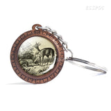 Deer Wooden Keychain Glass Cabochon Jewelry Women Men Vintage Animal Pendant Black and White Elk Key Chain Christmas Gifts