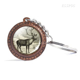 Deer Wooden Keychain Glass Cabochon Jewelry Women Men Vintage Animal Pendant Black and White Elk Key Chain Christmas Gifts