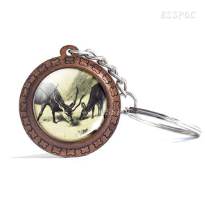 Deer Wooden Keychain Glass Cabochon Jewelry Women Men Vintage Animal Pendant Black and White Elk Key Chain Christmas Gifts