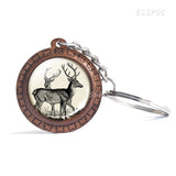 Deer Wooden Keychain Glass Cabochon Jewelry Women Men Vintage Animal Pendant Black and White Elk Key Chain Christmas Gifts