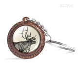 Deer Wooden Keychain Glass Cabochon Jewelry Women Men Vintage Animal Pendant Black and White Elk Key Chain Christmas Gifts