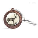Deer Wooden Keychain Glass Cabochon Jewelry Women Men Vintage Animal Pendant Black and White Elk Key Chain Christmas Gifts