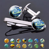 Van Gogh Simple Necktie Clip Gentleman Cufflinks Tie Clips Set for Mens Glass Jewelry Starry Night Sky Sunflower Gift Package