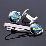 Van Gogh Simple Necktie Clip Gentleman Cufflinks Tie Clips Set for Mens Glass Jewelry Starry Night Sky Sunflower Gift Package