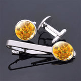 Van Gogh Simple Necktie Clip Gentleman Cufflinks Tie Clips Set for Mens Glass Jewelry Starry Night Sky Sunflower Gift Package