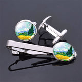 Van Gogh Simple Necktie Clip Gentleman Cufflinks Tie Clips Set for Mens Glass Jewelry Starry Night Sky Sunflower Gift Package