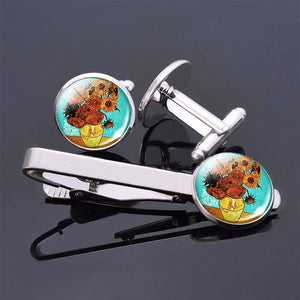 Van Gogh Simple Necktie Clip Gentleman Cufflinks Tie Clips Set for Mens Glass Jewelry Starry Night Sky Sunflower Gift Package