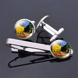 Van Gogh Simple Necktie Clip Gentleman Cufflinks Tie Clips Set for Mens Glass Jewelry Starry Night Sky Sunflower Gift Package