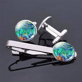 Van Gogh Simple Necktie Clip Gentleman Cufflinks Tie Clips Set for Mens Glass Jewelry Starry Night Sky Sunflower Gift Package