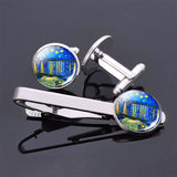 Van Gogh Simple Necktie Clip Gentleman Cufflinks Tie Clips Set for Mens Glass Jewelry Starry Night Sky Sunflower Gift Package