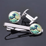 Van Gogh Simple Necktie Clip Gentleman Cufflinks Tie Clips Set for Mens Glass Jewelry Starry Night Sky Sunflower Gift Package