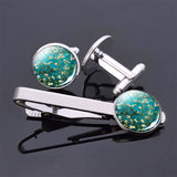 Van Gogh Simple Necktie Clip Gentleman Cufflinks Tie Clips Set for Mens Glass Jewelry Starry Night Sky Sunflower Gift Package