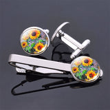 Van Gogh Simple Necktie Clip Gentleman Cufflinks Tie Clips Set for Mens Glass Jewelry Starry Night Sky Sunflower Gift Package
