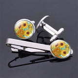 Van Gogh Simple Necktie Clip Gentleman Cufflinks Tie Clips Set for Mens Glass Jewelry Starry Night Sky Sunflower Gift Package