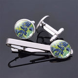 Van Gogh Simple Necktie Clip Gentleman Cufflinks Tie Clips Set for Mens Glass Jewelry Starry Night Sky Sunflower Gift Package