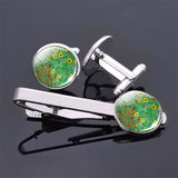 Van Gogh Simple Necktie Clip Gentleman Cufflinks Tie Clips Set for Mens Glass Jewelry Starry Night Sky Sunflower Gift Package