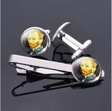 Van Gogh Simple Necktie Clip Gentleman Cufflinks Tie Clips Set for Mens Glass Jewelry Starry Night Sky Sunflower Gift Package