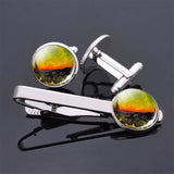 Van Gogh Simple Necktie Clip Gentleman Cufflinks Tie Clips Set for Mens Glass Jewelry Starry Night Sky Sunflower Gift Package