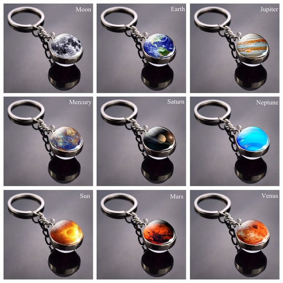 Full Moon Sphere Crystal Ball Glass keychain Handmade Double Side Glass Ball Pendant Solar System Galaxy Astronomy Jewelry