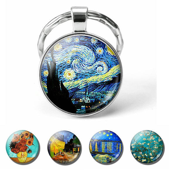 Van Gogh Art Oil Keychain Men Women Fashion Silver Glass Convex Keyring Starry Night Jewelry Sunflower Fashion Pendant Gift