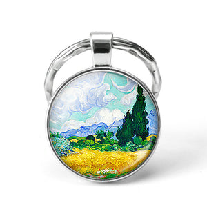 Van Gogh Art Oil Keychain Men Women Fashion Silver Glass Convex Keyring Starry Night Jewelry Sunflower Fashion Pendant Gift