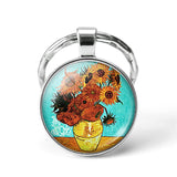 Van Gogh Art Oil Keychain Men Women Fashion Silver Glass Convex Keyring Starry Night Jewelry Sunflower Fashion Pendant Gift