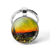 Van Gogh Art Oil Keychain Men Women Fashion Silver Glass Convex Keyring Starry Night Jewelry Sunflower Fashion Pendant Gift