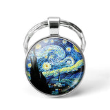 Van Gogh Art Oil Keychain Men Women Fashion Silver Glass Convex Keyring Starry Night Jewelry Sunflower Fashion Pendant Gift