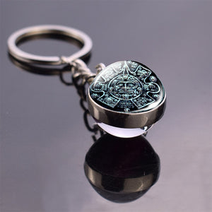 Aztec Calendar Mexican Key Chain Glass Ball Keychain Keyring Mayan Calendar Pendant Men Fashion Accessories